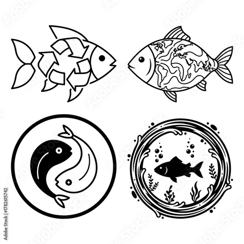Collection of four unique fish designs, including recycle symbol and yin yang