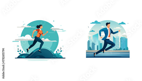 Two vector illustrations of people running. One is a woman, the other a businessman