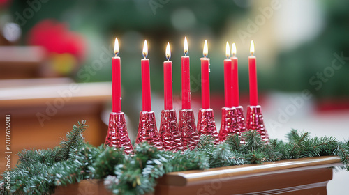 Red Eight-Candle Advent Wreath with Glowing Holy Ambiance on Blurred Background.