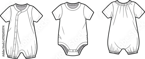 Baby romper multi style front view, snap button closure, gathered leg detail, fashion flat sketch, cad drawing, technical illustration