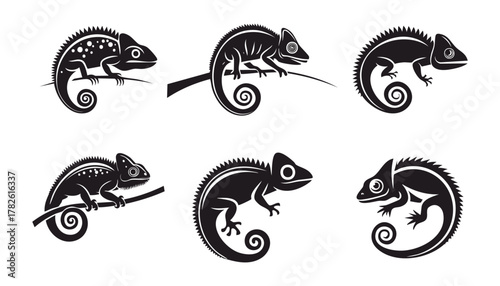 Six vector illustrations of chameleons in black silhouette on white background
