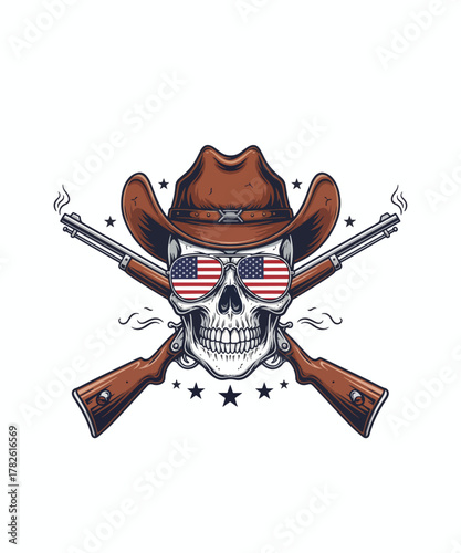 Skull with cowboy hat and american flag sunglasses over crossed rifles on white background
