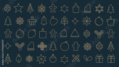 Elegant Minimal Geometric Christmas Pattern with Gold Line Art Icons on Dark Navy Blue Background