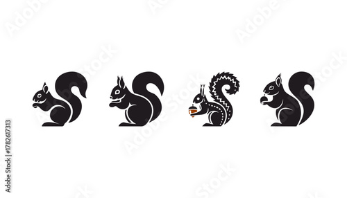Four black squirrel illustrations with varying tail and detail on a white background