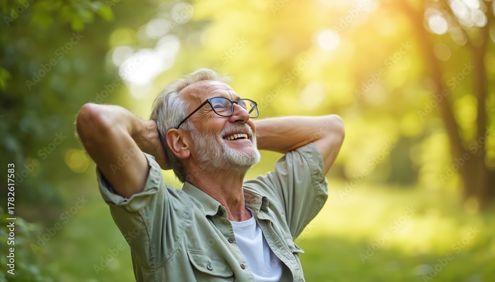 Obraz premium Elderly man with glasses relaxes outdoors with hands behind head, smiling. Mature male enjoys peaceful nature, sunshine, fresh air, contemplating life in park, feeling happy. Active retirement,