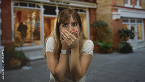 Woman covering mouth with hands on street outside shop window display, palms over lips and startled eyes; surprise curiosity.