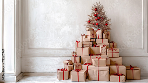 Creative Christmas Tree Made of Wrapped Gift Boxes on White Wall Background.