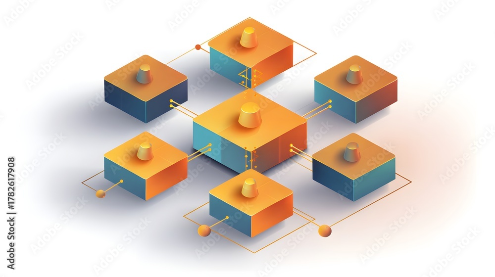 Obraz premium Isometric digital blocks connect in a network structure representing decentralized data flow