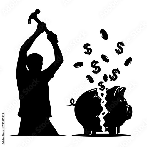 Smashing piggy bank savings concept for financial freedom or economic crisis planning and investment