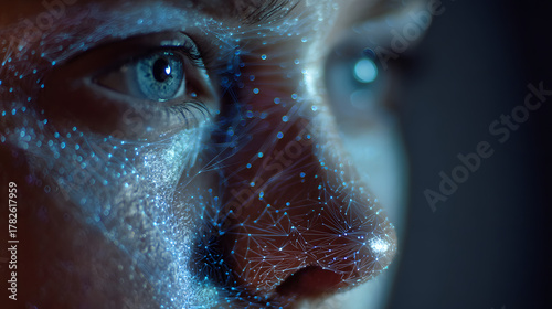 Womans Face With Digital Biometric Facial Recognition, Technology Concept in Dark Room