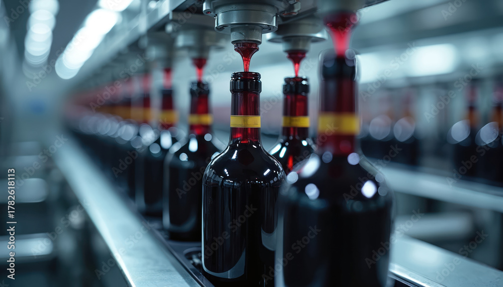 Obraz premium Modern automated winery fills dark glass bottles with red wine on a clean production line. Precision machines ensure consistent quality for beverage packaging and distribution.