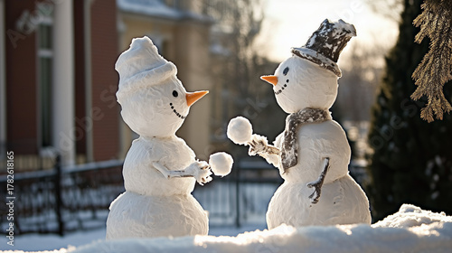 Playful Snowmen Having a Snowball Fight with Mischievous Smiles on Snowy Background.