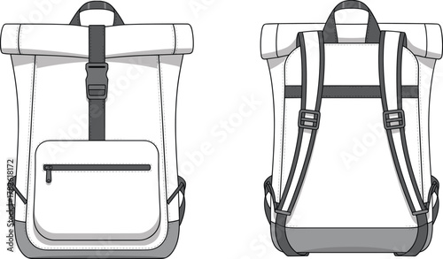 Cad drawing flat vector illustration of roll-top backpack front and back view, fashion technical sketch, travel gear design template