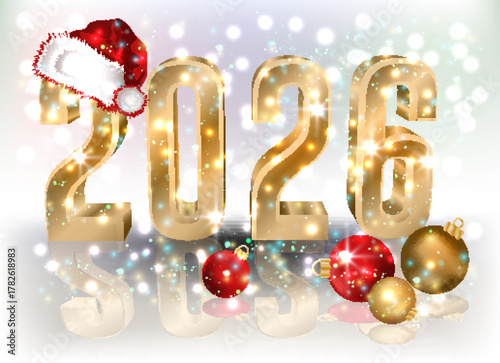 2026 golden new year vip card with xmas balls and claus hat, vector illustration
