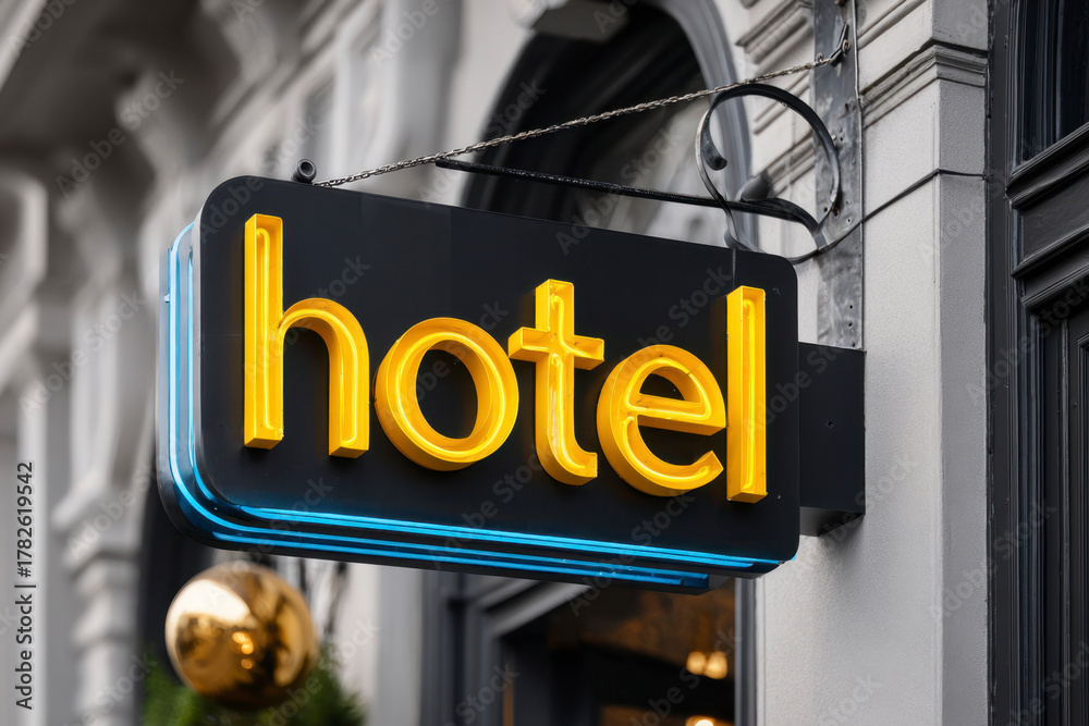 Obraz premium Bright hotel sign illuminates the entrance on a bustling city street during the evening hours