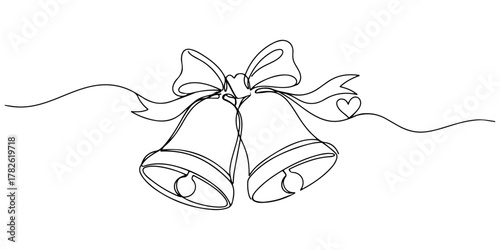 Continuous one line drawing of a Christmas bell with ribbon, representing a loving call, line art style vector illustration.
