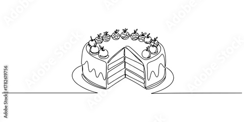 Continuous one line drawing of a cake, line art style vector illustration.