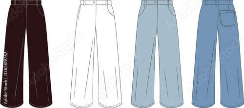 Cad drawing flat vector illustration of wide-leg pants front and back view, fashion technical sketch, garment design template