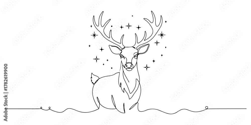 Fototapeta premium Continuous one line drawing of a reindeer with antlers, representing the magical power of Christmas, line art style vector illustration.
