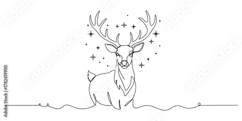Continuous one line drawing of a reindeer with antlers, representing the magical power of Christmas, line art style vector illustration.