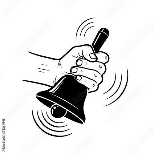 Hand ringing a bell, announcing an event, or signaling for attention with clear sound waves