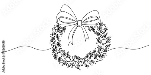 Continuous one line drawing of a Christmas wreath with a curved ribbon, representing a warm welcome, line art style vector illustration.