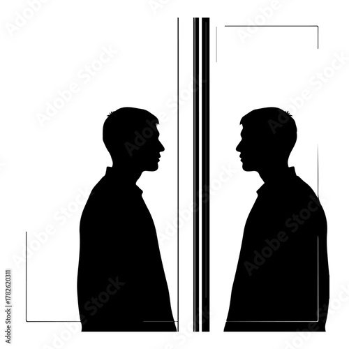 Silhouettes of two men facing each other, symbolizing reflection, identity, and duality
