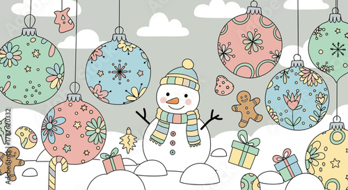 Festive Christmas Ornaments and Snowman Illustration