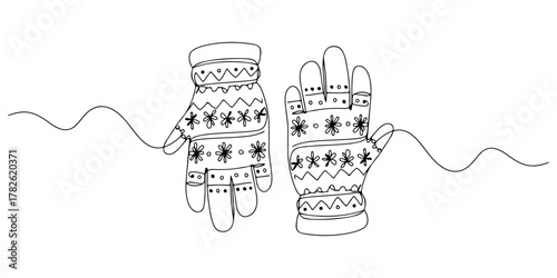 Continuous one line drawing of a winter glove with snow pattern, representing protection and warmth, line art style vector illustration.