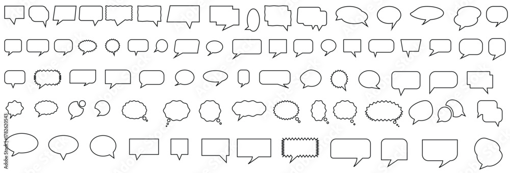 Obraz premium Big set speech bubbles, speech balloon communication concept,Talk bubble. Cloud speech bubble Speak bubble text, vector set of flat message bubbles show chat bubble or dialog boxes on white background