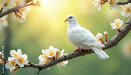 White dove bird rests on flowering tree branch with white blossoms. Soft sunlight bathes scene, highlighting delicate petals and serene avian creature. Peaceful nature setting.