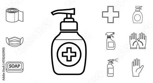 Essential hygiene items including soap sanitizer masks and gloves illustrated