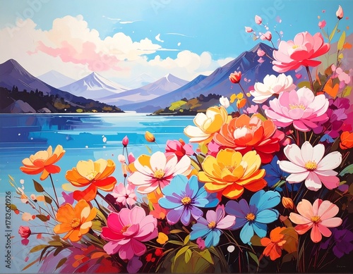 Vibrant floral landscape painting featuring a serene lake and majestic mountains
