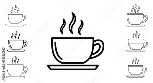 Simple black and white illustration of steaming coffee cups and saucers