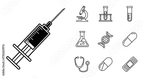 Medical equipment and tools illustration in simple black and white line art