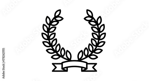 Simple black and white illustration of a laurel wreath with a ribbon