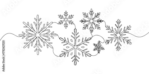 Continuous one line drawing of a snowflake, representing the beauty of the season, line art style vector illustration.