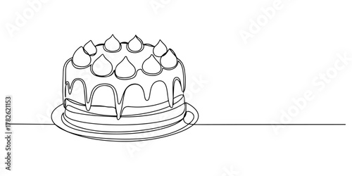 Continuous one line drawing of a cake, line art style vector illustration.