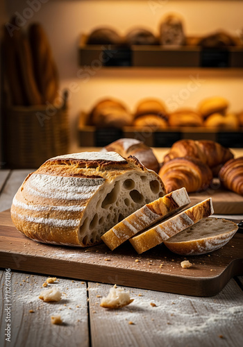Freshly Sliced Rustic Bread in Bakery