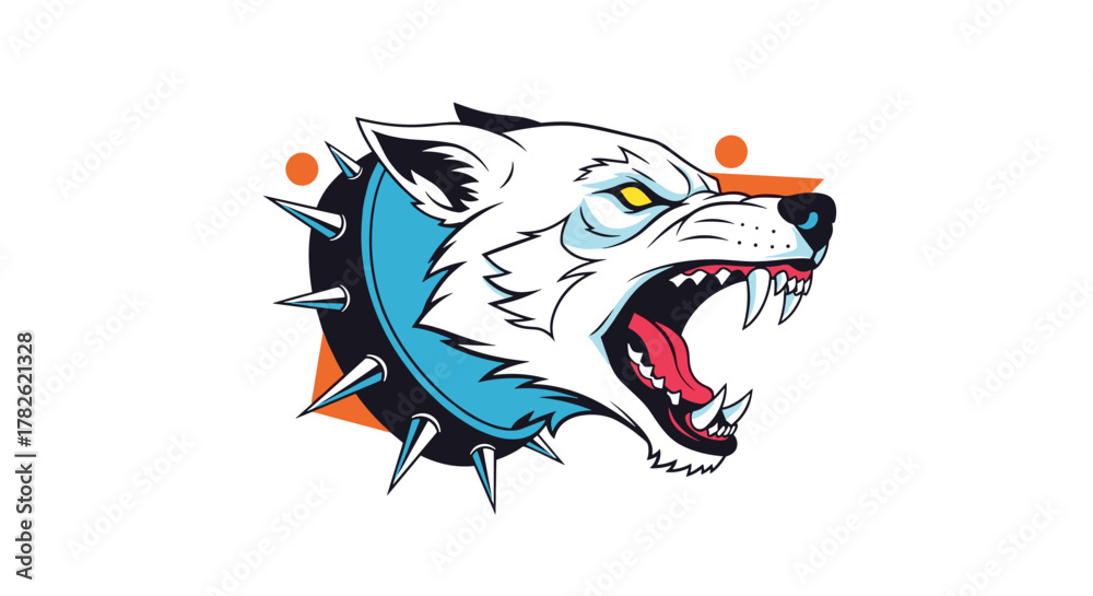 custom made wallpaper toronto digitalFierce white wolf with aggressive open mouth wearing a spiked collar and decorated with abstract orange shapes.