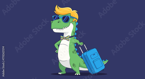 A stylish cartoon dinosaur with sunglasses and a bow tie is ready for a vacation adventure.