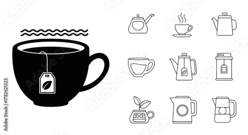 Collection of black and white tea and coffee related icons displayed