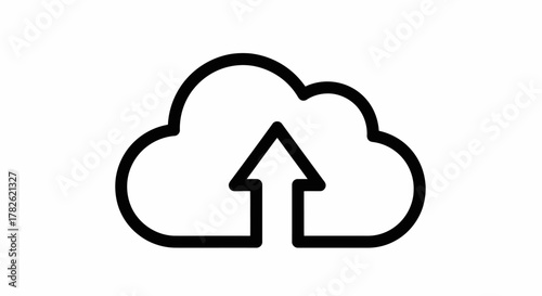 Simple black and white line drawing of a cloud with an upload arrow