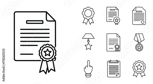 Collection of outline icons representing documents awards and achievement symbols