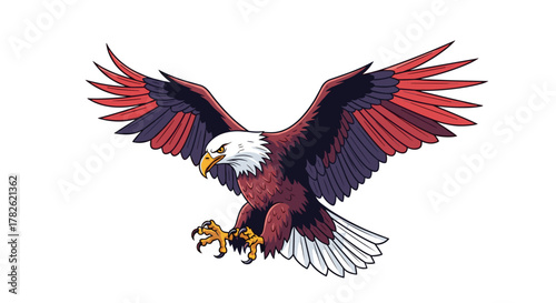 Majestic bald eagle with outstretched wings and sharp talons descending in flight.