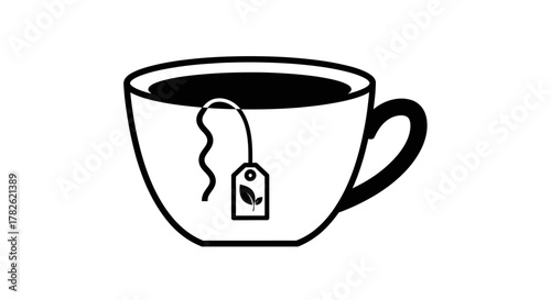 Simple black and white illustration of a cup with a tea bag inside