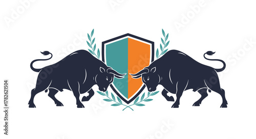 Two bulls charging at each other with a shield and laurel branches behind them.