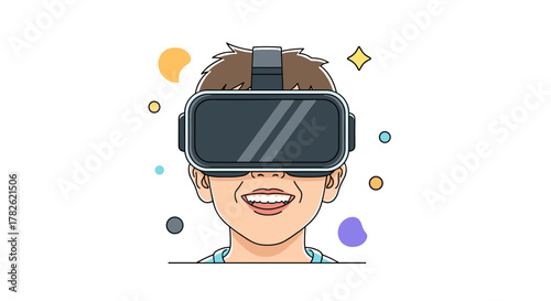 A happy young person is wearing virtual reality goggles and smiling brightly with colorful orbs and stars around their head.