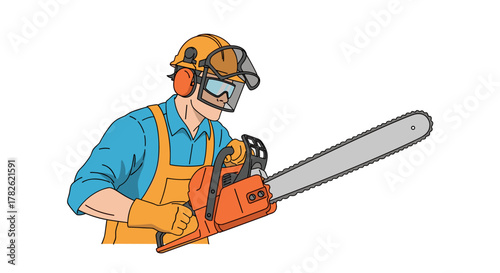 A person wearing safety gear operating a chainsaw for tree trimming or logging operations.