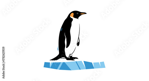 An emperor penguin stands tall on a small iceberg in a clean white background.